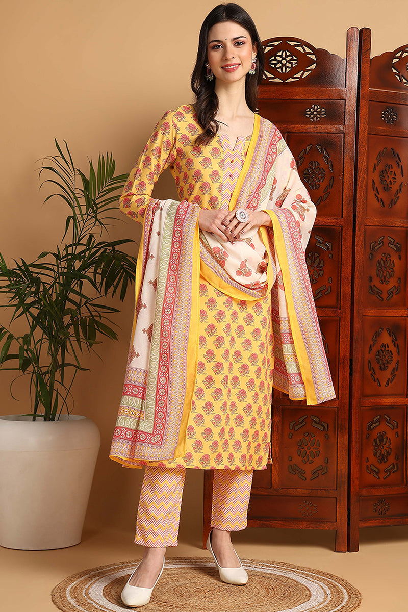 Yellow Rayon Blend Floral Printed Straight Suit Set VKSKD2165