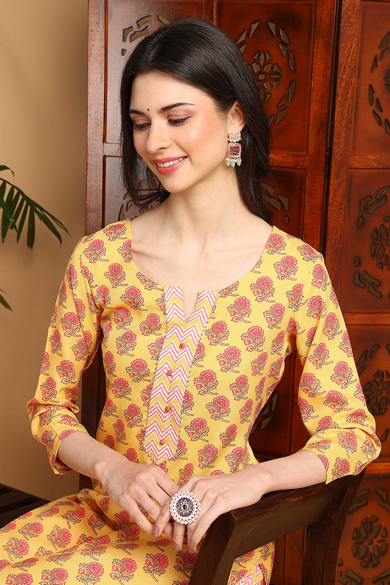 Yellow Rayon Blend Floral Printed Straight Suit Set VKSKD2165