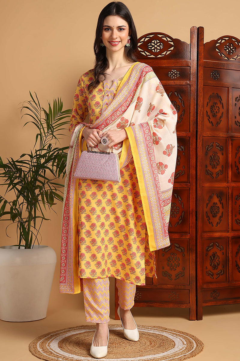 Yellow Rayon Blend Floral Printed Straight Suit Set VKSKD2165