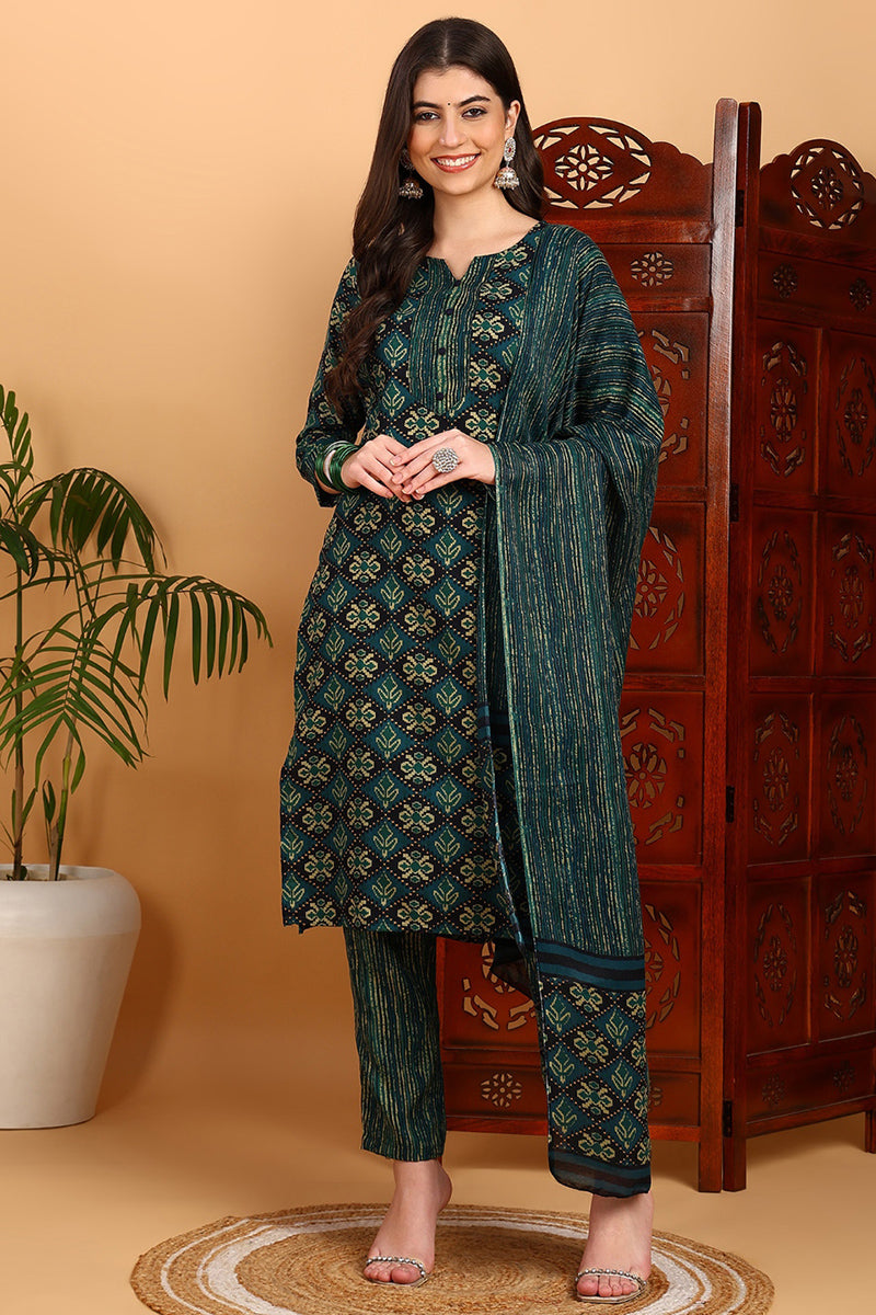 Green Viscose Rayon Ethnic Motifs Printed Straight Suit Set VKSKD2166