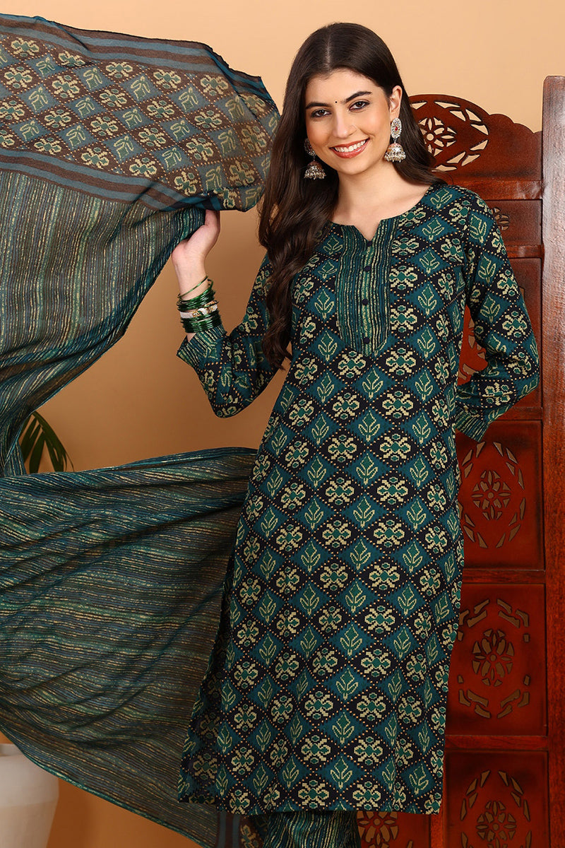 Green Viscose Rayon Ethnic Motifs Printed Straight Suit Set VKSKD2166