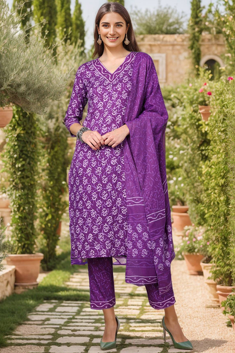 Violet Rayon Blend Ethnic Motifs Printed Straight Suit Set VKSKD2167