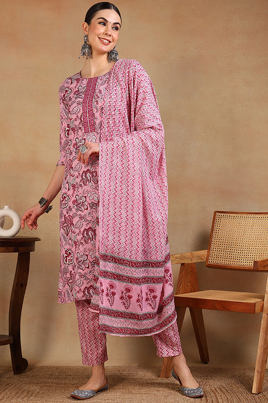 Pink Cotton Blend Floral Printed Straight Suit Set VKSKD2168