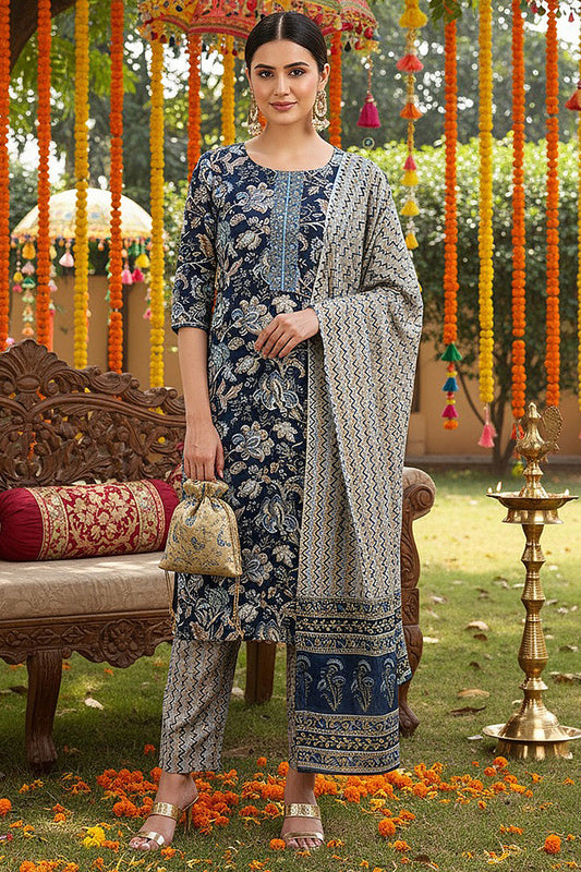 Blue Rayon Blend Floral Printed Straight Suit Set VKSKD2169