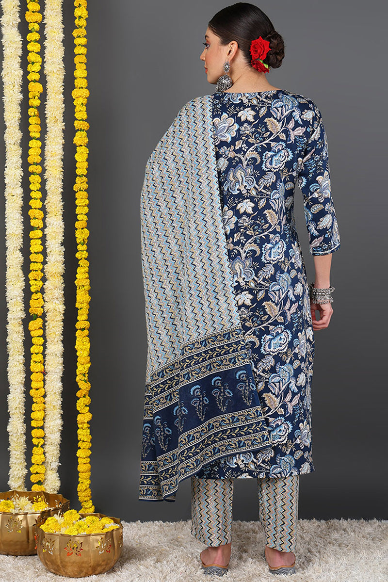 Blue Cotton Blend Floral Printed Straight Suit Set VKSKD2169