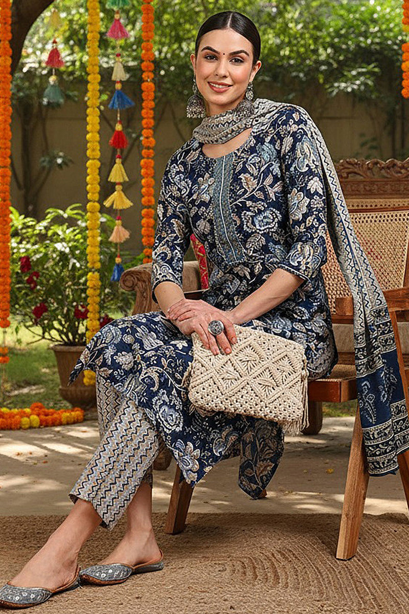 Blue Rayon Blend Floral Printed Straight Suit Set VKSKD2169