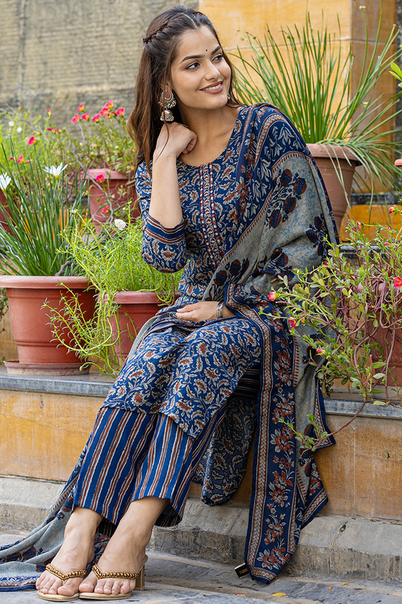 Blue Viscose Rayon Floral Embroidered Straight Suit Set VKSKD2179