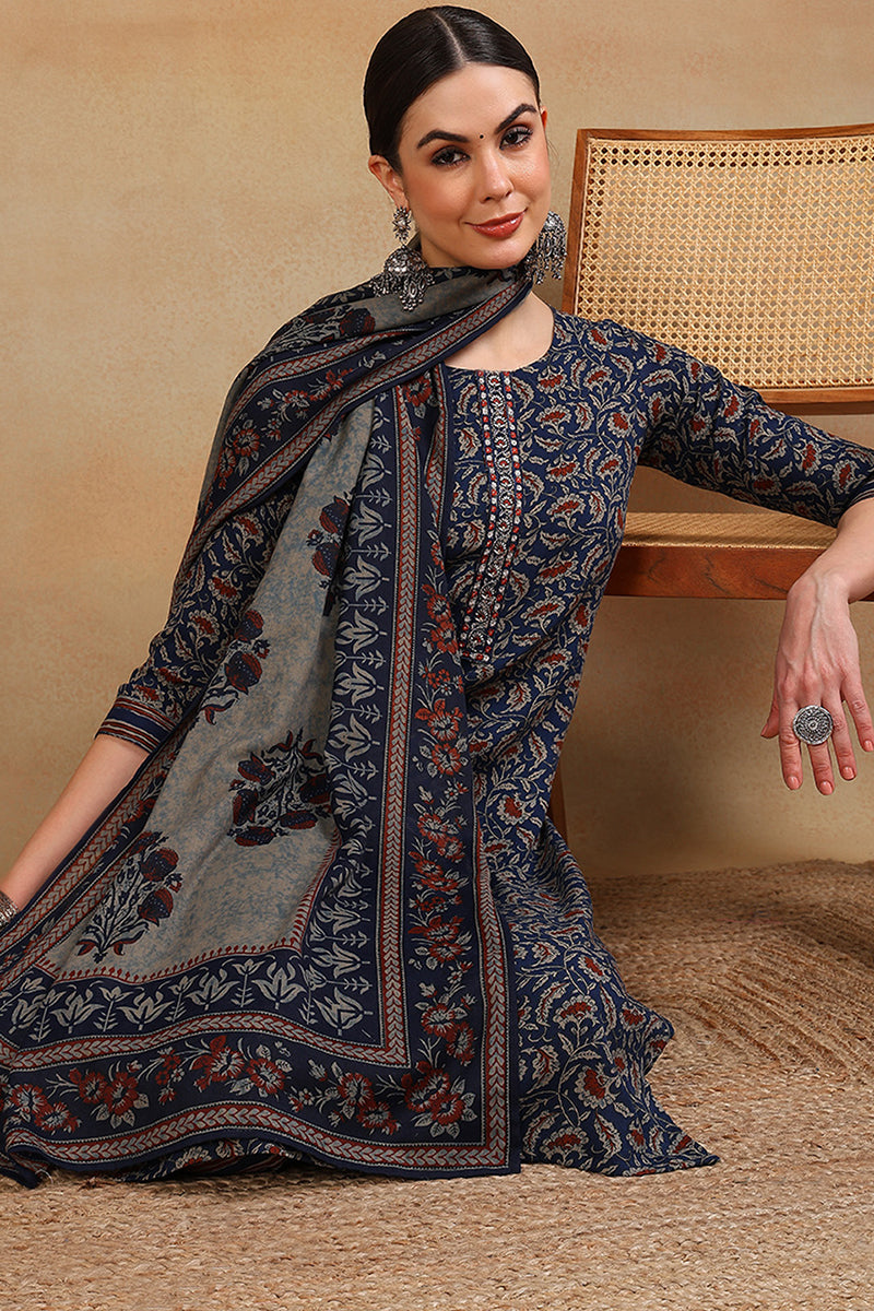 Blue Viscose Rayon Floral Embroidered Straight Suit Set VKSKD2179