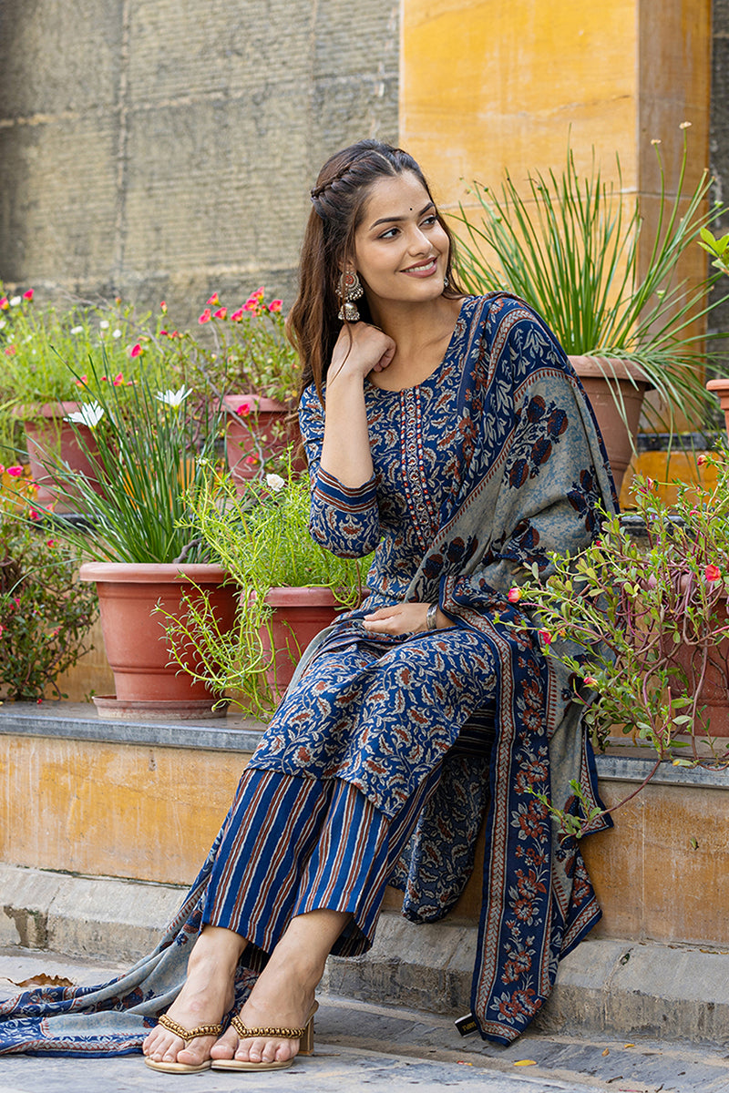 Blue Viscose Rayon Floral Embroidered Straight Suit Set VKSKD2179