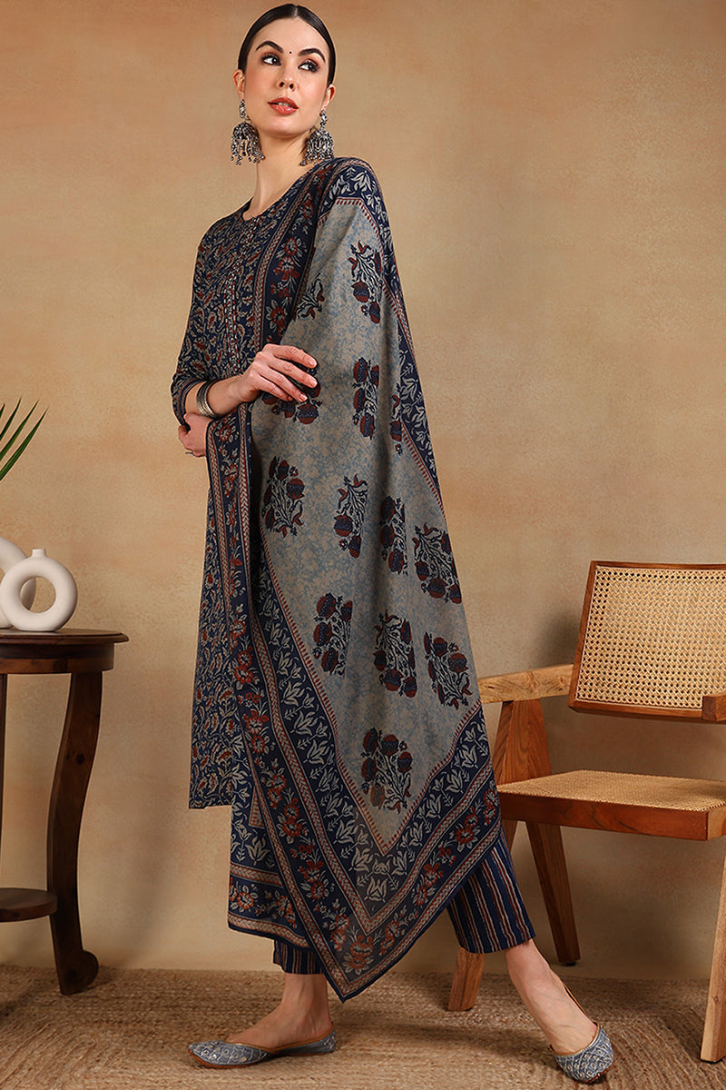 Blue Viscose Rayon Floral Embroidered Straight Suit Set VKSKD2179