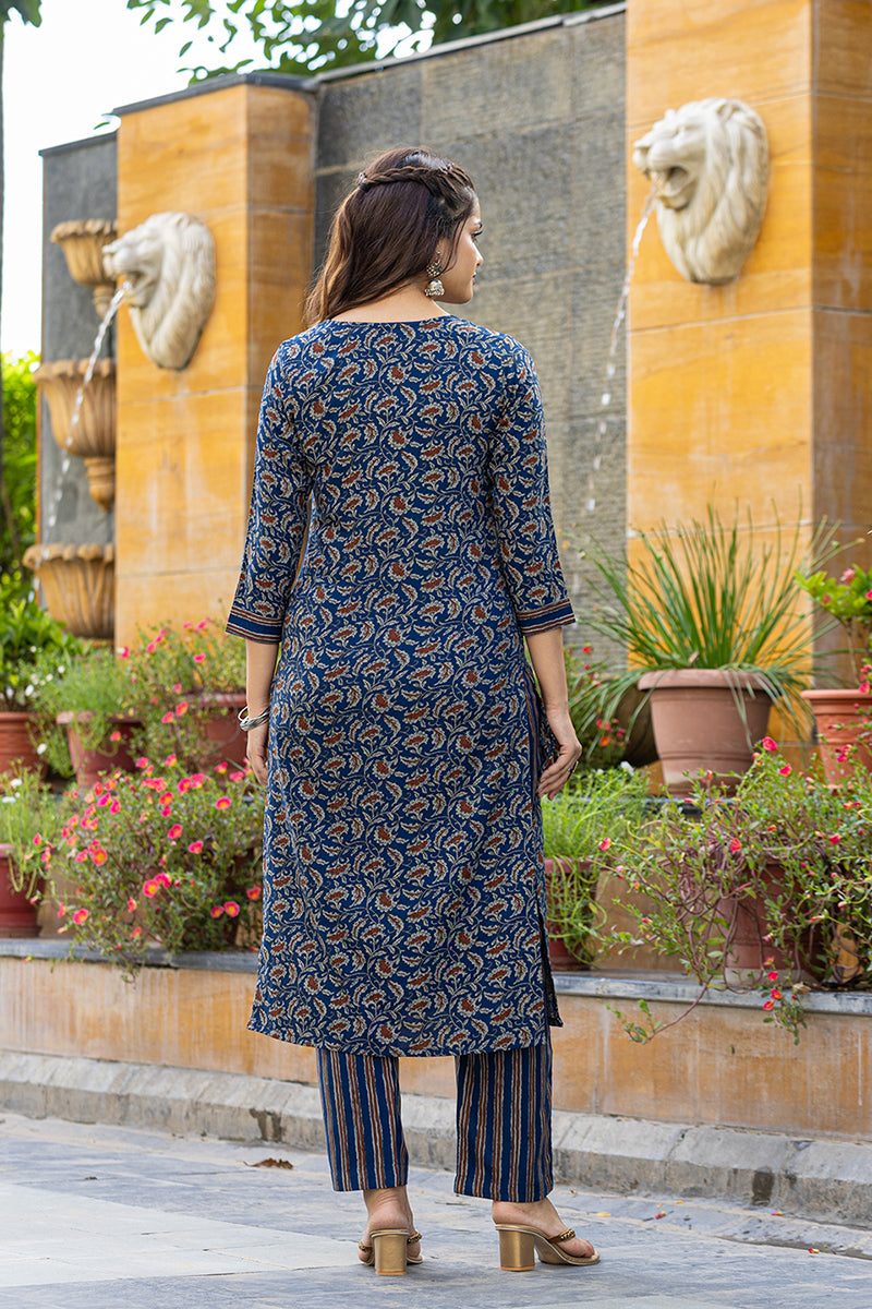 Blue Viscose Rayon Floral Embroidered Straight Suit Set VKSKD2179