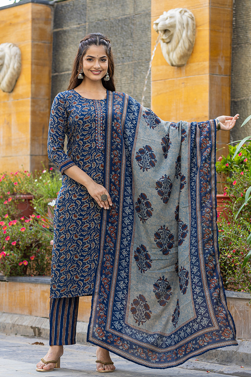 Blue Viscose Rayon Floral Embroidered Straight Suit Set VKSKD2179