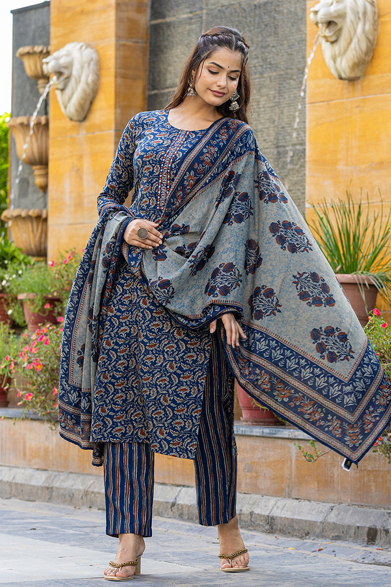 Blue Viscose Rayon Floral Embroidered Straight Suit Set VKSKD2179