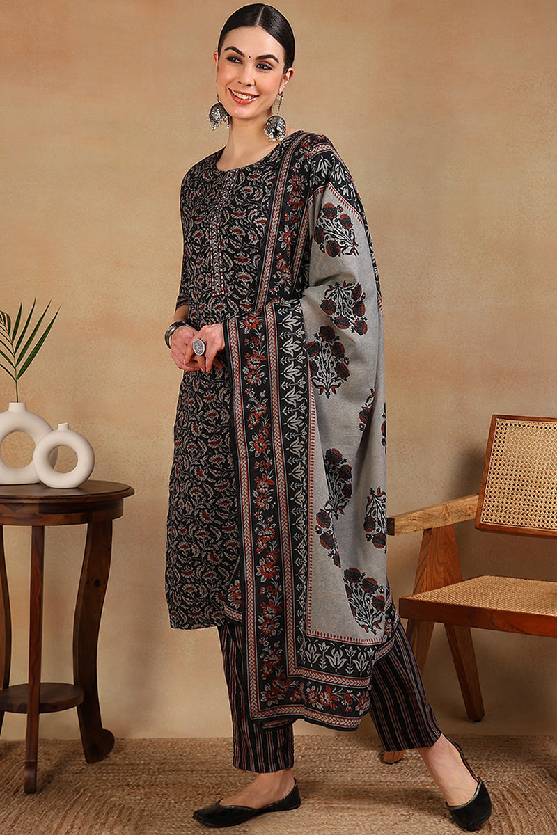 Black Viscose Rayon Floral Embroidered Straight Suit Set VKSKD2180
