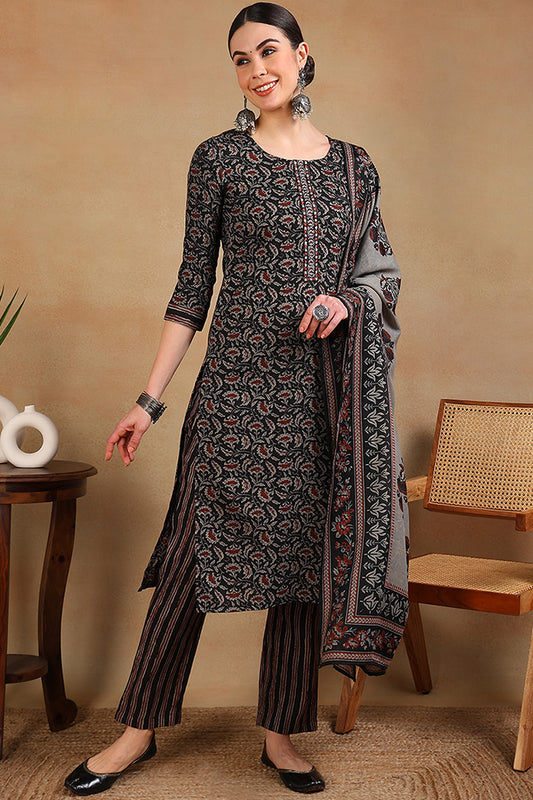 Black Viscose Rayon Floral Embroidered Straight Suit Set VKSKD2180