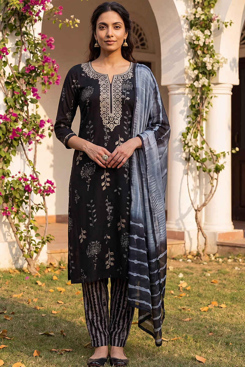 Black Rayon Floral Printed Yoke Design Straight Suit Set VKSKD2181