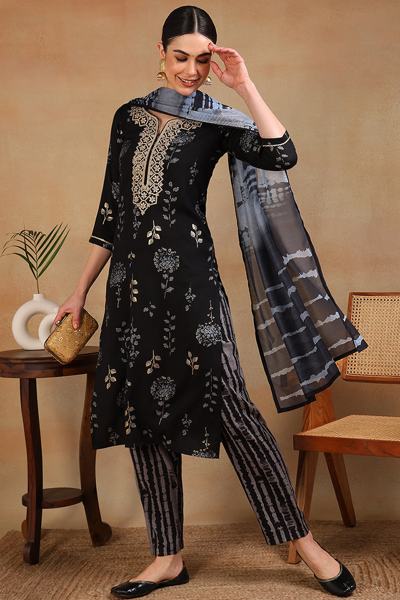 Black Rayon Floral Printed Yoke Design Straight Suit Set VKSKD2181