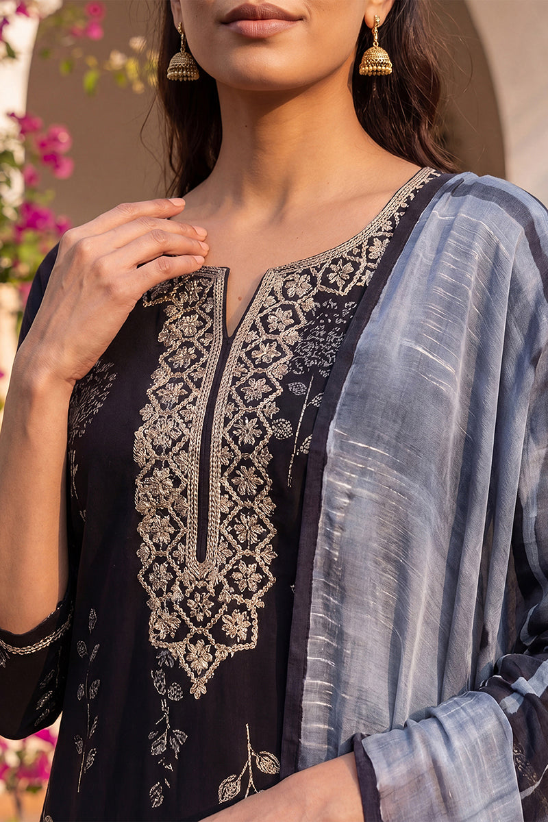 Black Rayon Floral Printed Yoke Design Straight Suit Set VKSKD2181