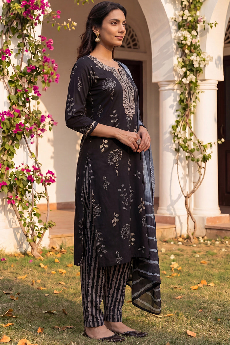 Black Rayon Floral Printed Yoke Design Straight Suit Set VKSKD2181