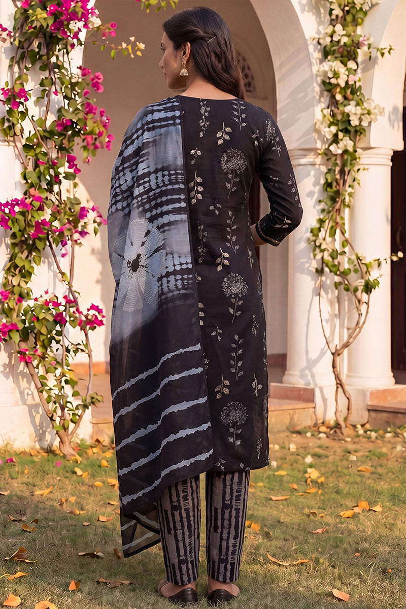 Black Rayon Floral Printed Yoke Design Straight Suit Set VKSKD2181