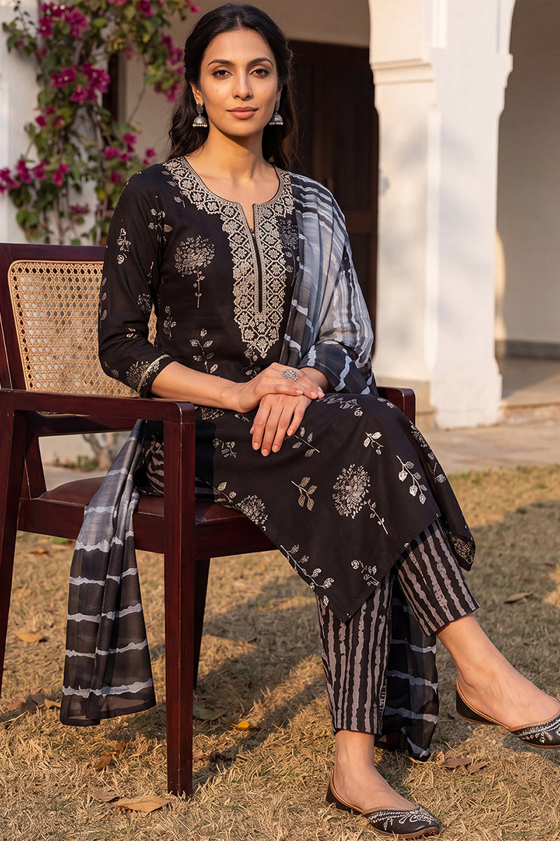 Black Rayon Floral Printed Yoke Design Straight Suit Set VKSKD2181