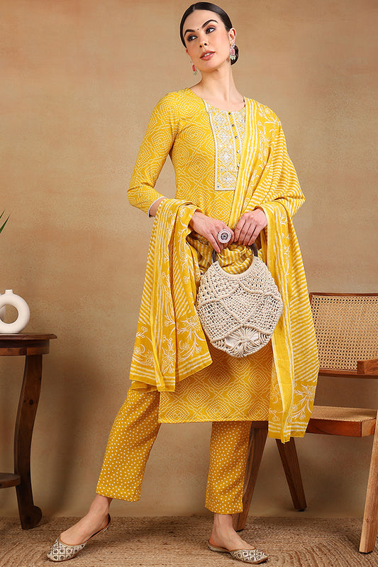 Yellow Viscose Rayon Bandhani Embroidered Straight Suit Set VKSKD2182