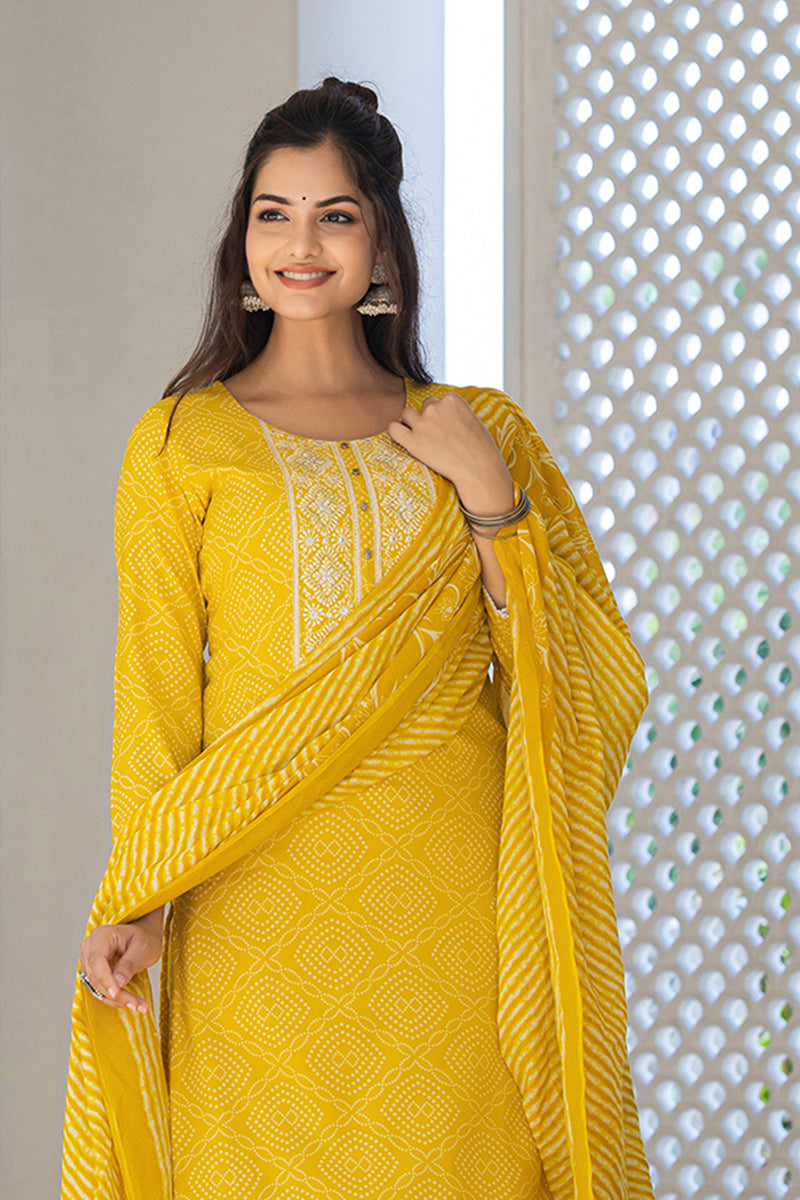 Yellow Viscose Rayon Bandhani Embroidered Straight Suit Set VKSKD2182