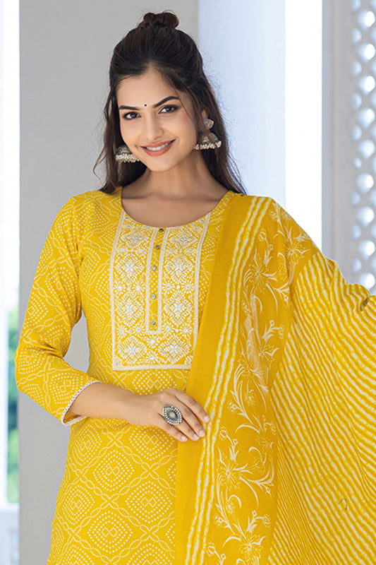 Yellow Viscose Rayon Bandhani Embroidered Straight Suit Set VKSKD2182