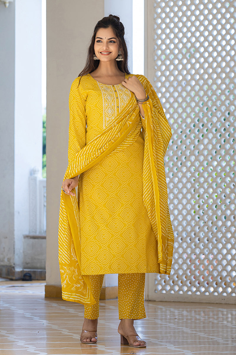 Yellow Viscose Rayon Bandhani Embroidered Straight Suit Set VKSKD2182