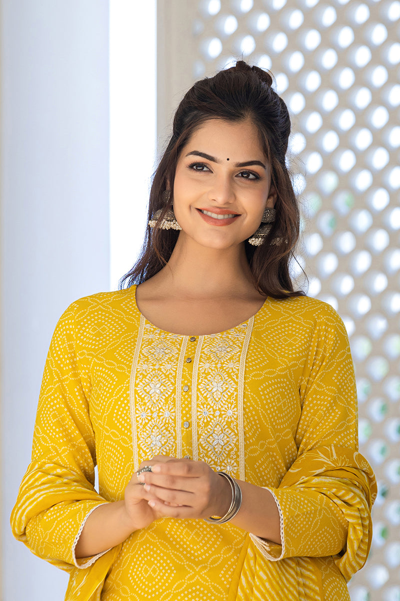 Yellow Viscose Rayon Bandhani Embroidered Straight Suit Set VKSKD2182