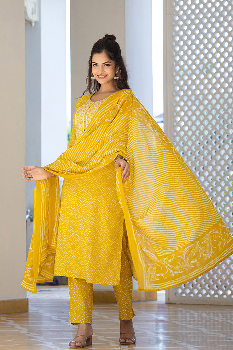 Yellow Viscose Rayon Bandhani Embroidered Straight Suit Set VKSKD2182