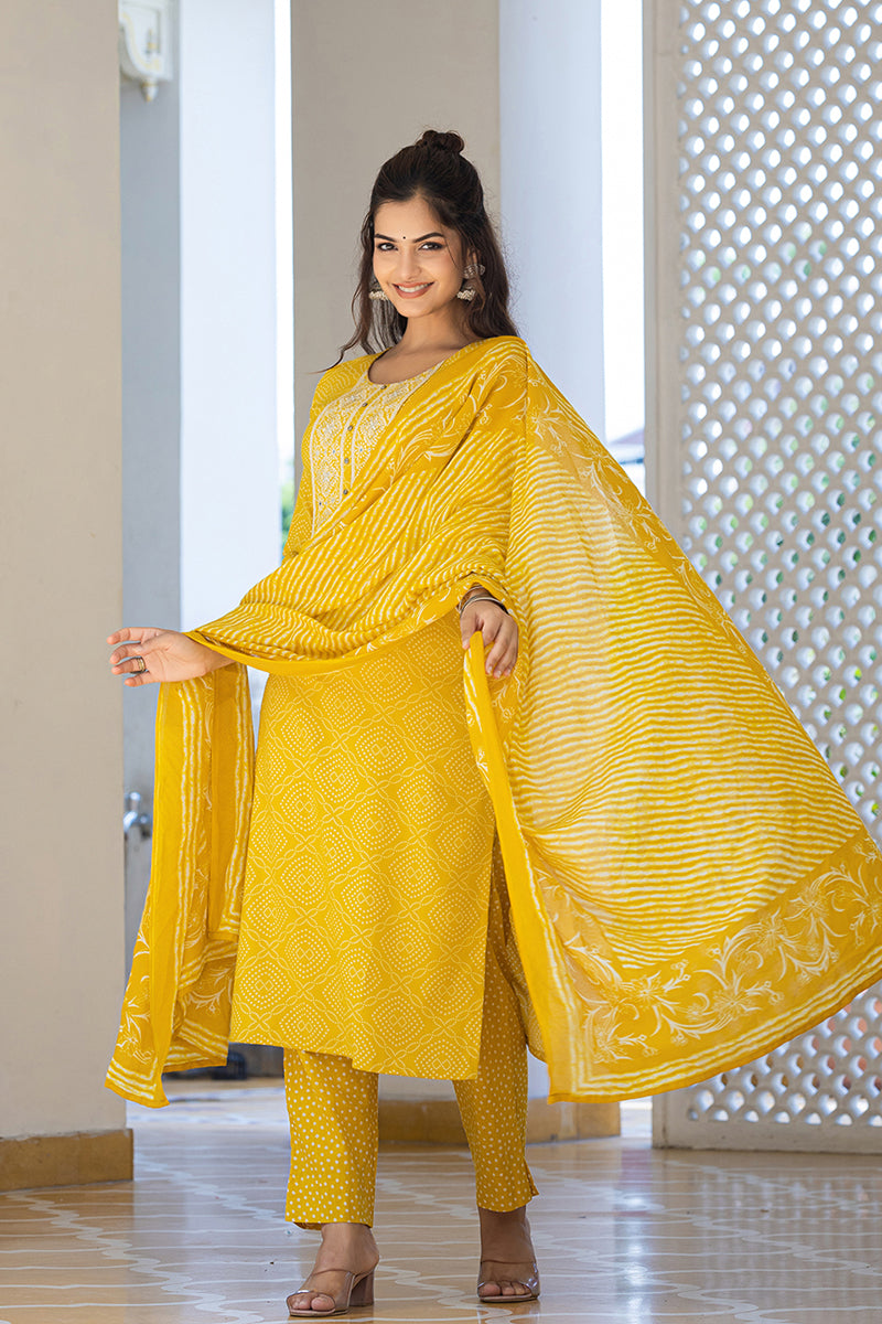 Yellow Viscose Rayon Bandhani Embroidered Straight Suit Set VKSKD2182