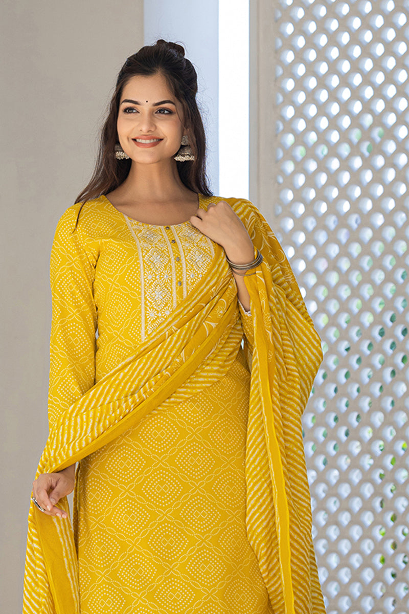 Yellow Viscose Rayon Bandhani Embroidered Straight Suit Set VKSKD2182