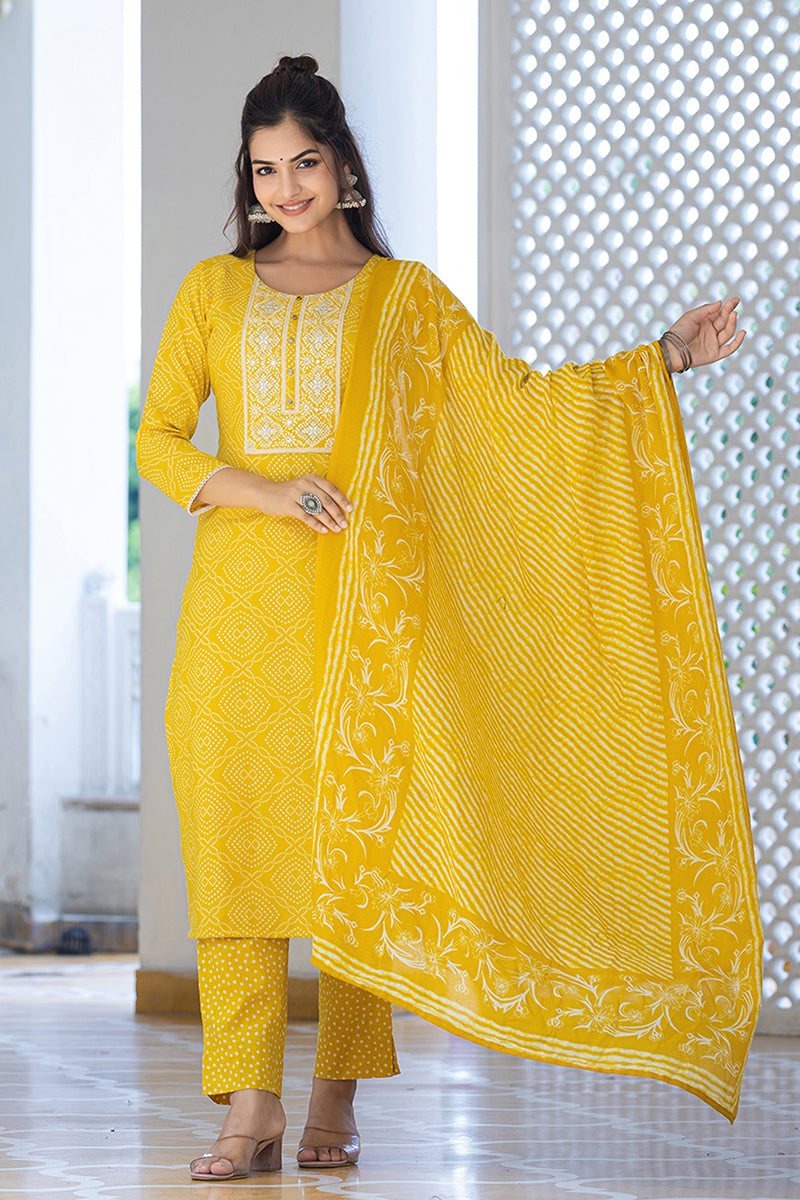 Yellow Viscose Rayon Bandhani Embroidered Straight Suit Set VKSKD2182