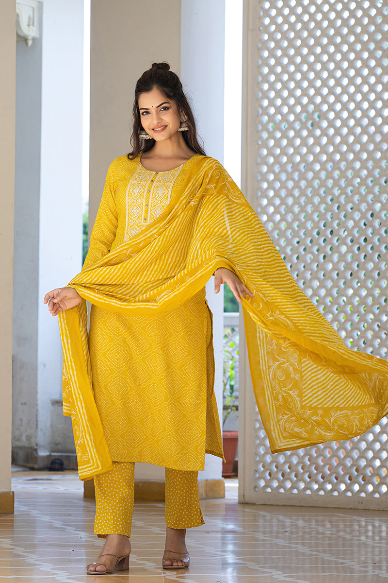 Yellow Viscose Rayon Bandhani Embroidered Straight Suit Set VKSKD2182