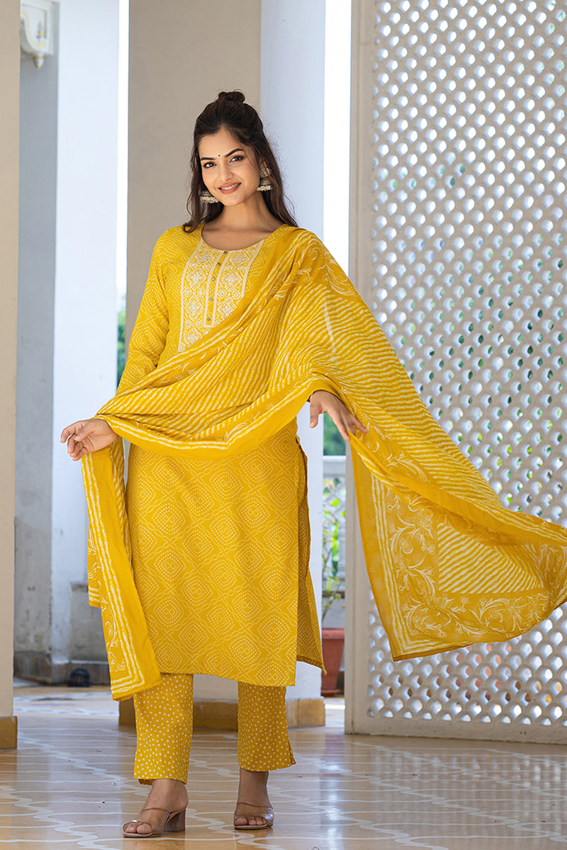 Yellow Viscose Rayon Bandhani Embroidered Straight Suit Set VKSKD2182