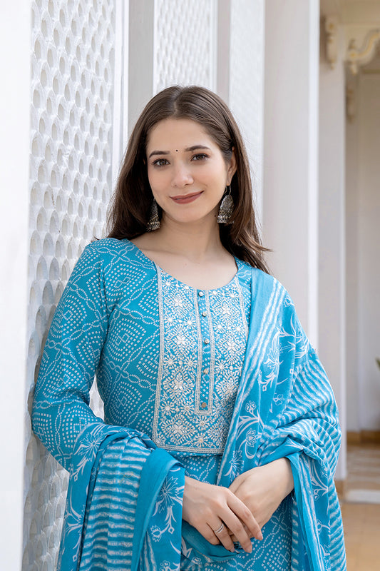 Blue Viscose Rayon Bandhani Embroidered Straight Suit Set VKSKD2183