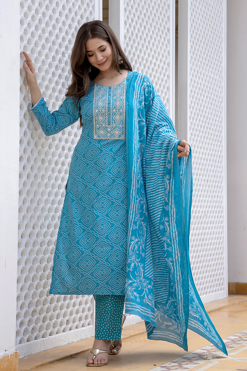 Blue Viscose Rayon Bandhani Embroidered Straight Suit Set VKSKD2183