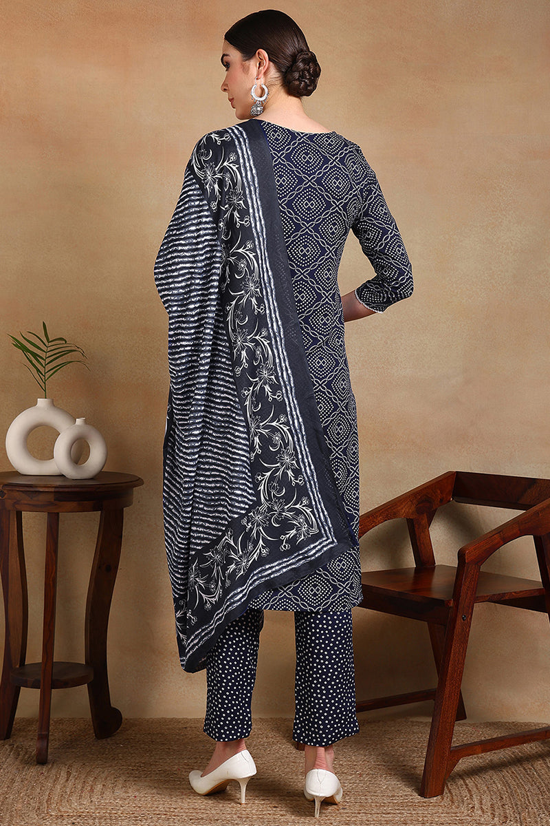 Navy Blue Rayon Blend Bandhani Printed Straight Suit Set VKSKD2184