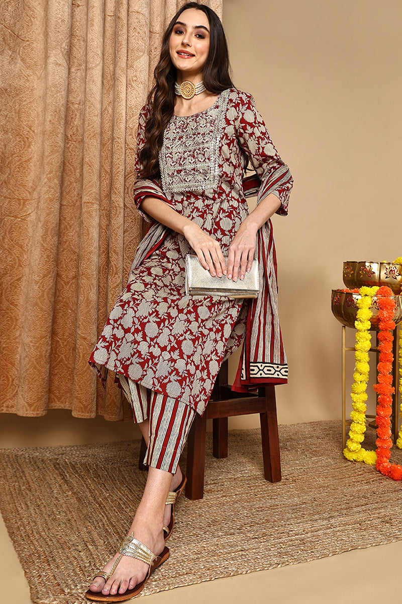 Maroon Rayon Blend Embroidered Floral Printed Straight Suit Set VKSKD2191