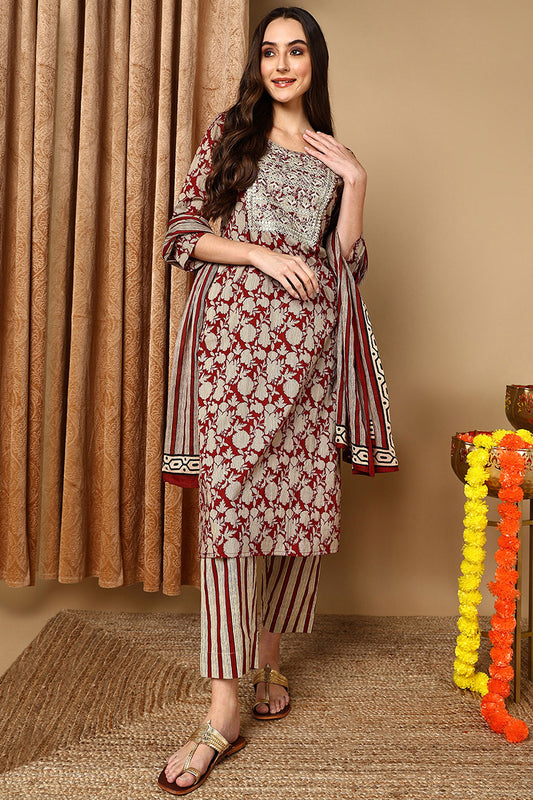 Maroon Rayon Blend Embroidered Floral Printed Straight Suit Set VKSKD2191