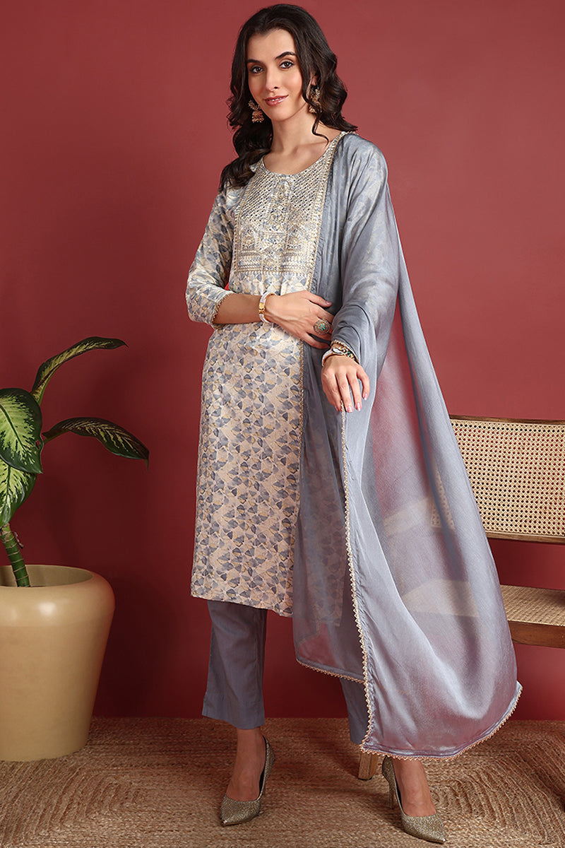 Grey Viscose Rayon Abstract Embroidered Straight Suit Set VKSKD2192