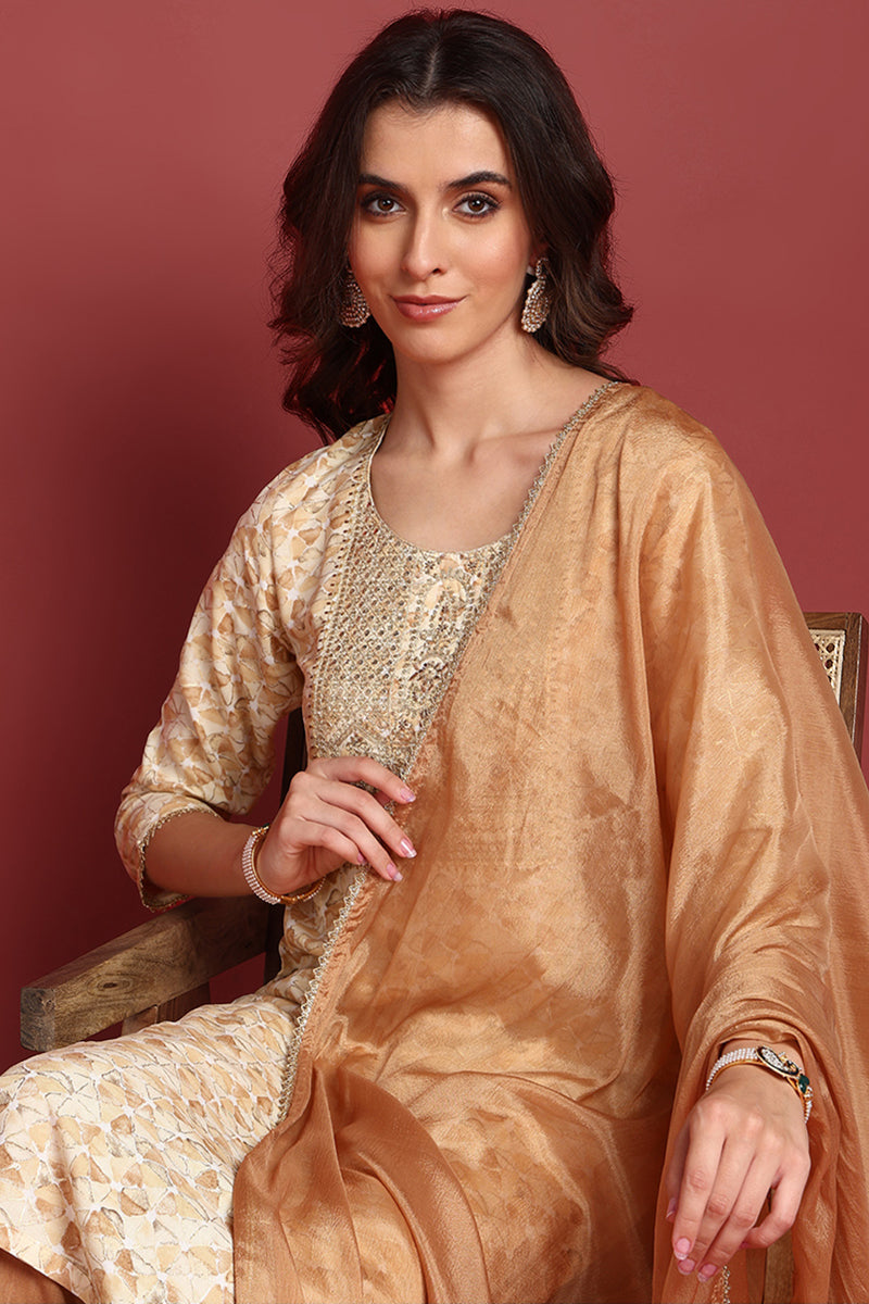 Brown Viscose Rayon Abstract Embroidered Straight Suit Set VKSKD2193