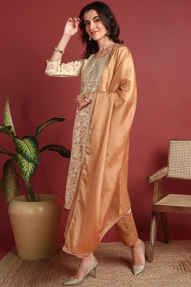 Brown Viscose Rayon Abstract Embroidered Straight Suit Set VKSKD2193