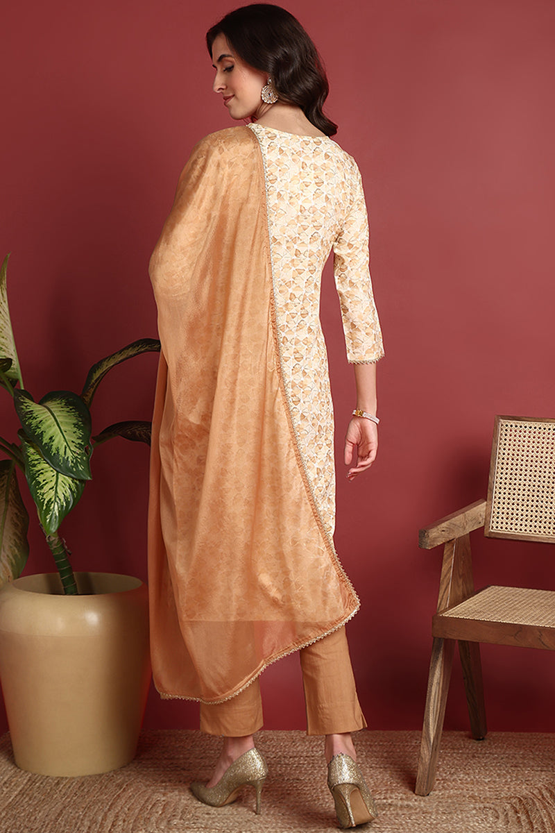 Brown Viscose Rayon Abstract Embroidered Straight Suit Set VKSKD2193