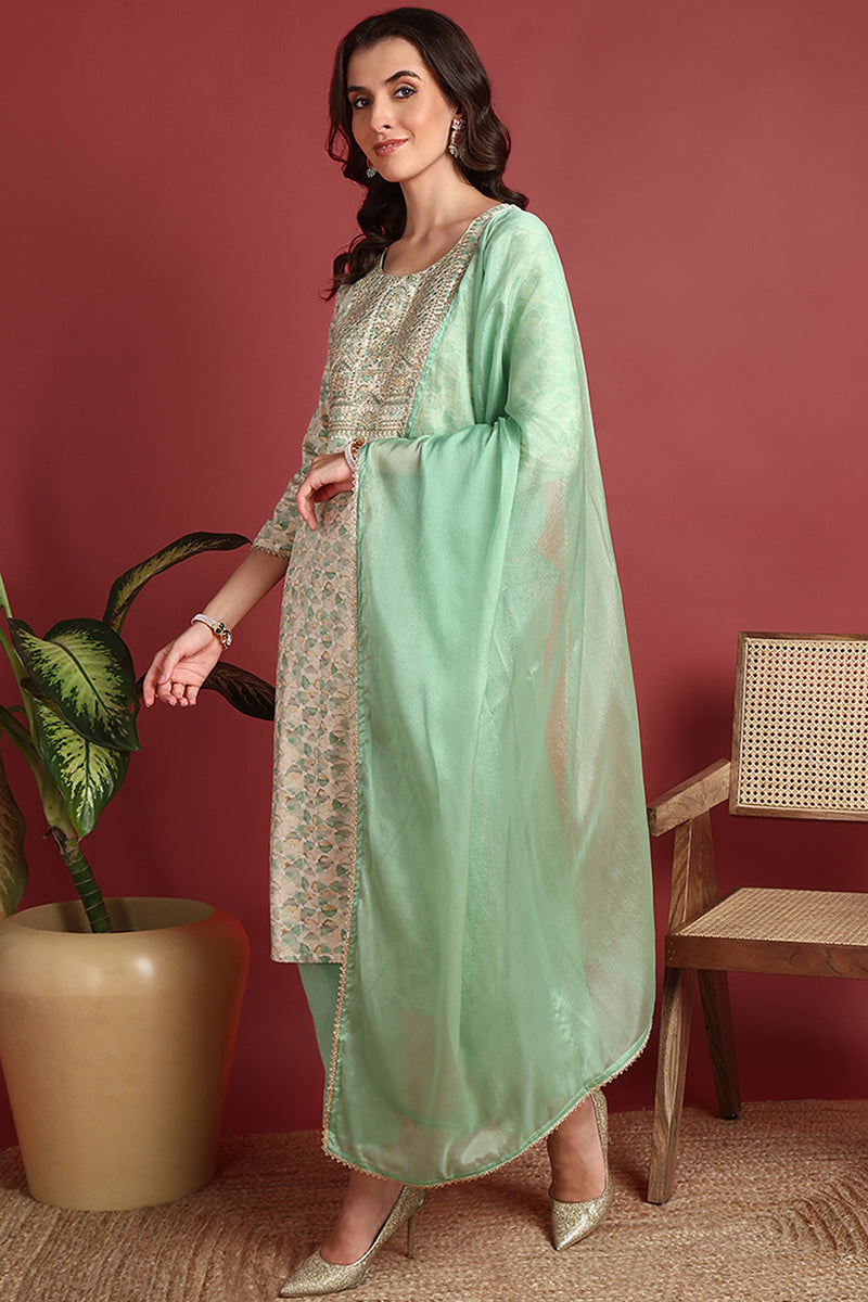 Green Viscose Rayon Abstract Embroidered Straight Suit Set VKSKD2194