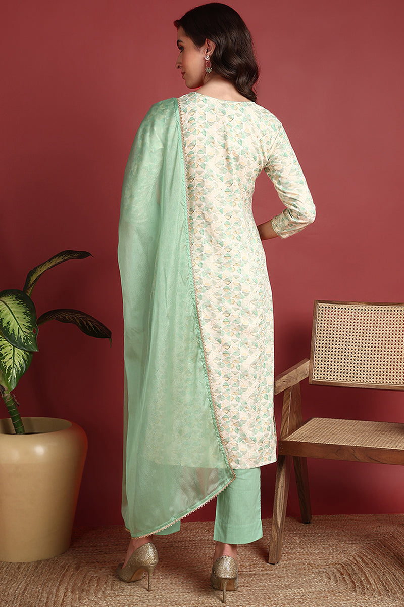 Green Viscose Rayon Abstract Embroidered Straight Suit Set VKSKD2194