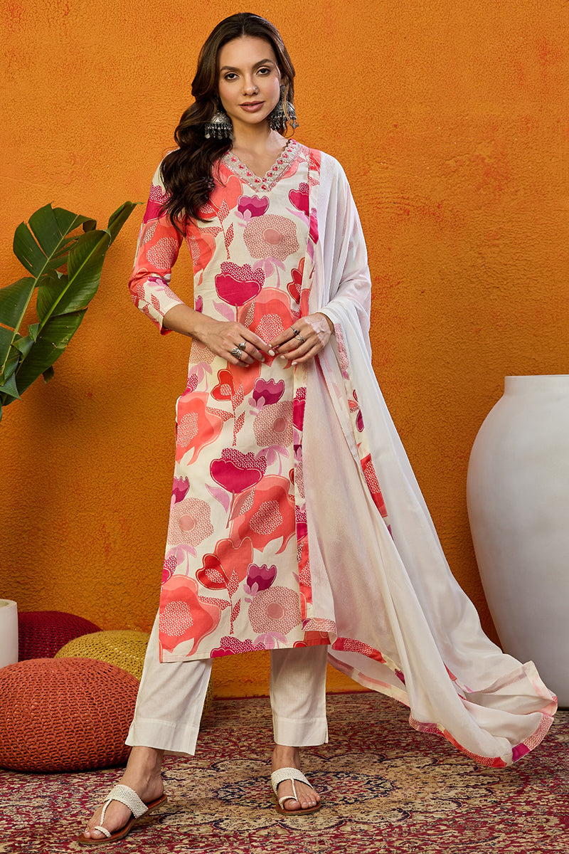 White Cotton Blend Floral Printed Straight Suit Set VKSKD2205