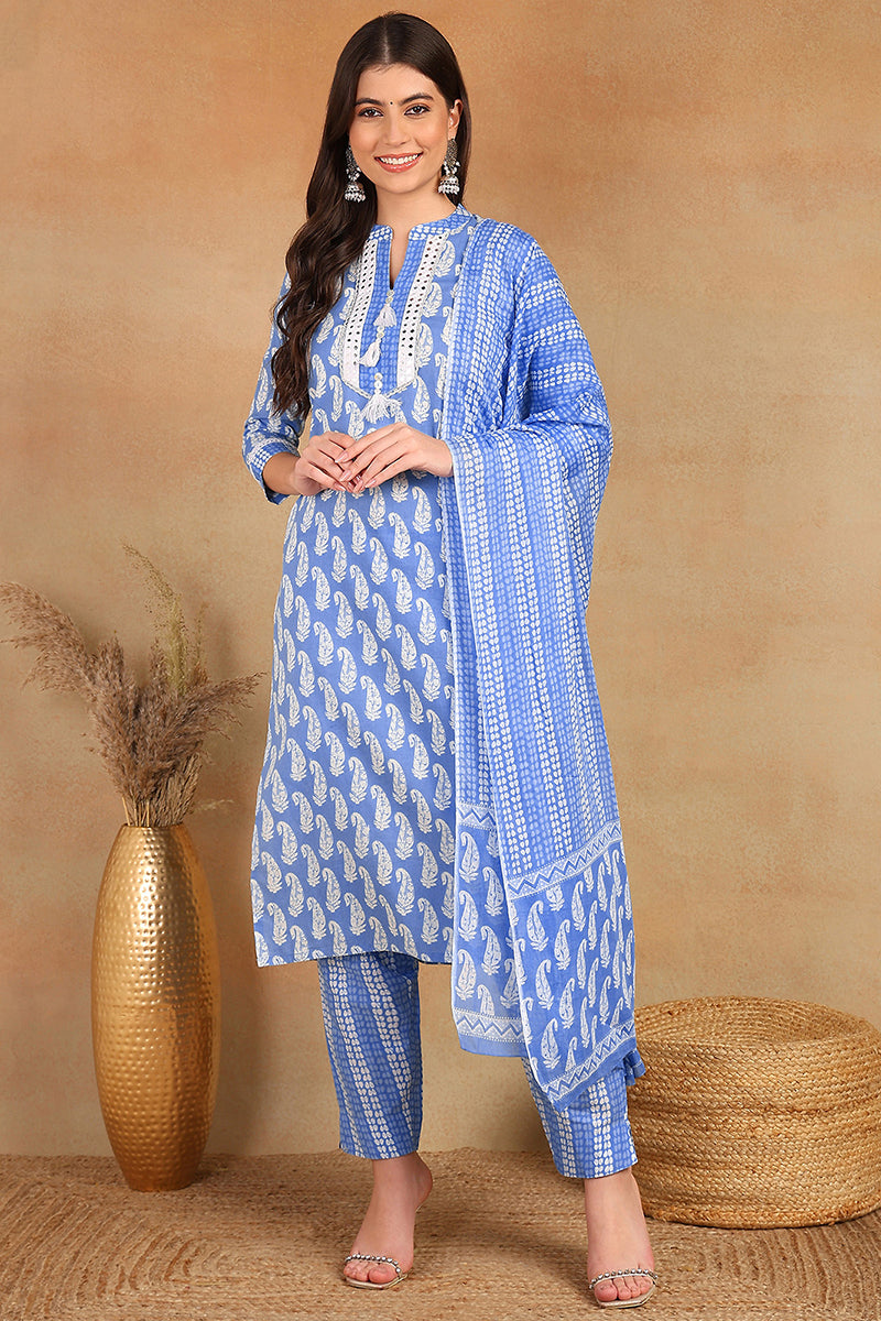 Blue Rayon Blend Paisley Printed Straight Suit Set VKSKD2211