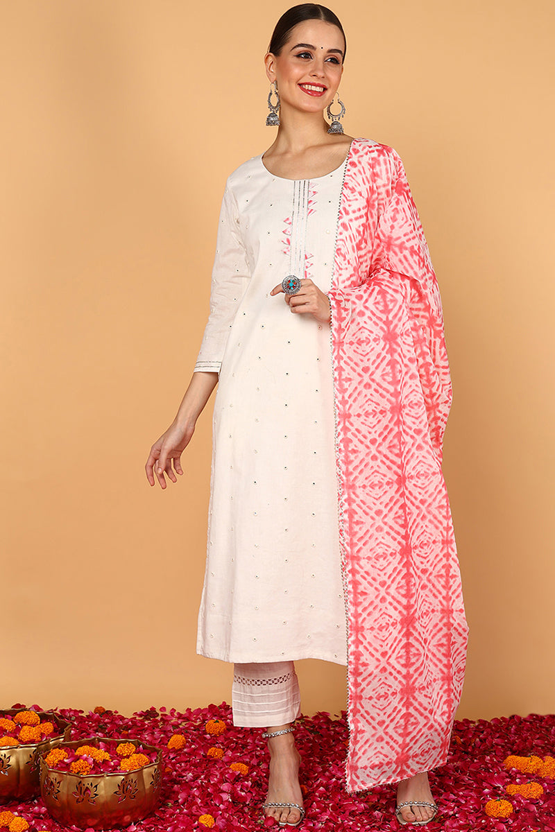 White Rayon Blend Solid Embroidered Straight Suit Set VKSKD2215PNK